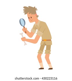 Vector cartoon image of archaeologist man with blond hair in beige shorts and shirt standing with a magnifying glass and bone in his hands on a white background. Excavations, archeology. 