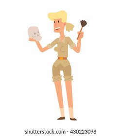 Vector cartoon image of archaeologist woman with blond hair in beige shorts and shirt, standing with a skull and a brush in her hands on a white background. Excavations, archeology. 