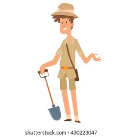 Vector cartoon image of archaeologist young man with brown hair in beige shorts, shirt and pith helmet standing with a shovel in his hand on a white background. Excavations, archeology. 
