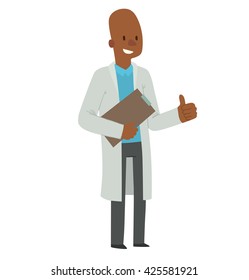 Vector cartoon image of a bald black man doctor in white medical coat and gray trousers with a clipboard in his hand, standing and smiling on a white background. Health, treatment.