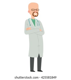 Vector cartoon image of a bald man doctor with a beard in glasses, in white medical coat, black trousers with stethoscope around his neck, standing and smiling on a white background. Health, treatment