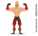 Vector cartoon image of a bald wrestler with a beard, in black pants and gloves with red flames standing in the pose of a bodybuilder on a white background. Wrestling. Flat image. Vector illustration.