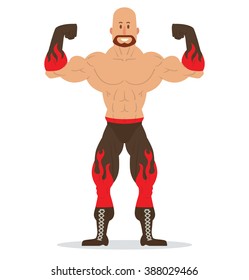 Vector cartoon image of a bald wrestler with a beard, in black pants and gloves with red flames standing in the pose of a bodybuilder on a white background. Wrestling. Flat image. Vector illustration.