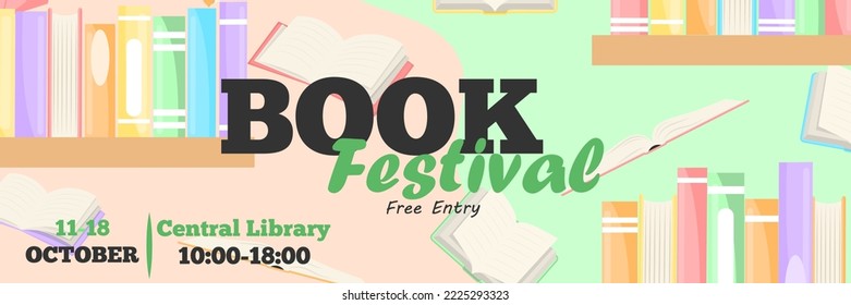 Vector cartoon image of a banner announcing a book festival in a library or bookstore. The concept of education and study