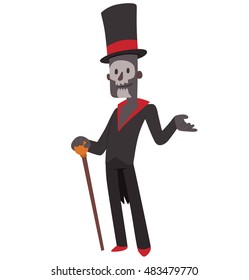 Vector cartoon image of Baron Samedi in a black tail coat, a black-red top hat with a brown cane in his hand standing and smiling on a white background. Halloween. Vector illustration.