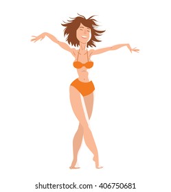Vector cartoon image of a beautiful slim woman on the beach with brown hair in orange swimsuit standing and smiling on a white background. Holidays, vacation, beach. Vector illustration.