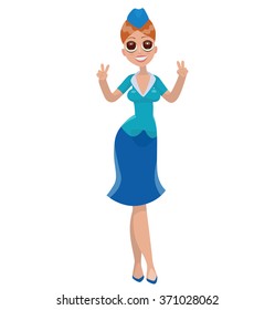 Vector cartoon image of a beautiful stewardess with ginger hair in a blue blouse, skirt and blue forage-cap on her head, smiling on a white background. Airline. Vector illustration.