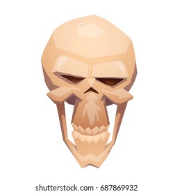 Vector cartoon image of a beige elongated human skull with a lower jaw on a white background. Pirates, death, Halloween. Vector illustration.