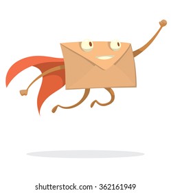 Vector cartoon image of a beige envelope with eyes, arms and legs in a red cape flying swiftly to the destination on a white background. Express letter. Icon e-mail. Vector illustration.