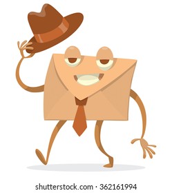Vector cartoon image of a beige envelope with eyes, arms and legs in a brown tie and hat going to the destination on a white background. Business letter. Icon e-mail. Vector illustration.