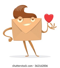 Vector cartoon image of a beige envelope with eyes, arms and legs with brown hair and with red heart symbol in hand standing on a white background. Male love letter. Icon e-mail. Vector illustration.