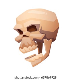 Vector cartoon image of a beige human skull turned to the left with an open jaw on a white background. Pirates, death, Halloween. Vector illustration.