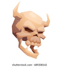Vector cartoon image of a beige human skull turned to the right with horns and sharp teeth on a white background. Pirates, death, Halloween. Vector illustration.