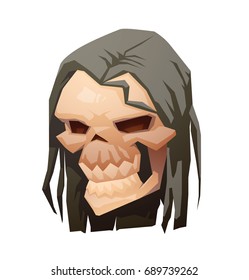 Vector cartoon image of a beige human skull with long black hair turned to the left on a white background. Pirates, death, Halloween. Vector illustration.