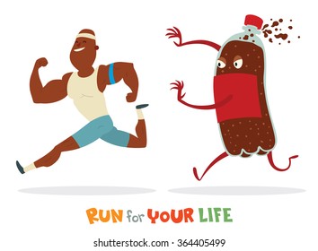 Vector cartoon image of black bald man in white t-shirt blue shorts runaway from huge colored bottle of sweet fizzy drink on white background. In the theme of a healthy lifestyle. Vector illustration.