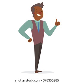 Vector cartoon image of a black businessman with dark hair in black trousers, a blue shirt, purple vest and blue tie, showing thumb on a white background. Business illustration. Vector illustration.