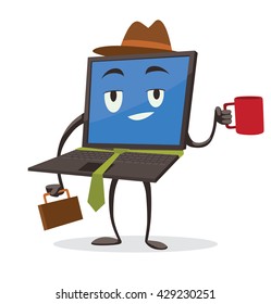 Vector cartoon image of a black laptop with a blue screen in a brown hat and a green tie with a briefcase and a mug in his hands on a white background. Positive character. Vector illustration.