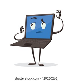Vector cartoon image of a black laptop with a blue screen, with arms and legs standing with a thoughtful expression on his face on a white background. Positive character. Vector illustration.