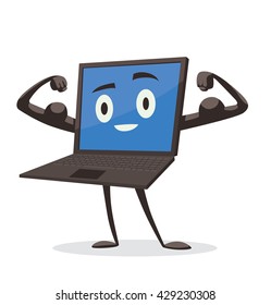 Vector cartoon image of a black laptop with a blue screen, with arms and legs, standing and showing his biceps on a white background. Positive character. Vector illustration.