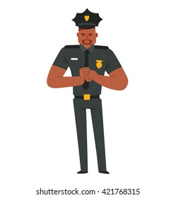 Vector cartoon image of a black man police officer with brown hair, mustache and beard in black police uniform, a black cap standing on a white background. Vector illustration of police.