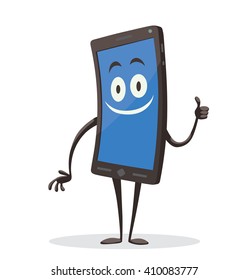 Vector cartoon image of a black smartphone with a blue screen, with arms, legs and contented expression on his face standing on a white background. Positive character. Vector illustration.
