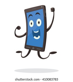 Vector cartoon image of a black smartphone with a blue screen, with arms and legs happily jumping on a white background. Positive character. Vector illustration.