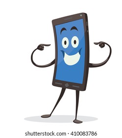 Vector cartoon image of a black smartphone with a blue screen, with arms and legs, standing and pointing the fingers at himself on a white background. Positive character. Vector illustration.