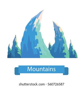 Vector cartoon image of blue mountain with six sharp icy peaks on a white background. Nature, climbing, background. Vector illustration. Banner with inscription "Mountains".