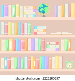 Vector cartoon image of the bookshelves of a library or bookstore. Interior design for the home and for the children's room. The concept of education and study