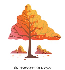 Vector cartoon image of a bright orange triangular tree with brown trunk and branches, with small orange bushes below on a white background. Nature, forest. Vector illustration.
