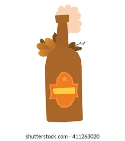 Vector cartoon image of a brown bottle of beer with yellow hops cones, brown leaves and orange label on a white background. Bottle of beer. Vector illustration.