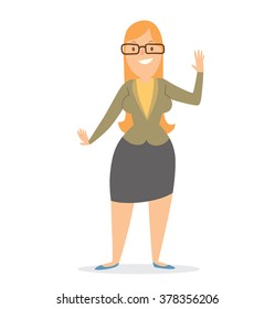Vector cartoon image of a business woman with long orange hair in glasses, in black skirt and light brown jacket, standing and smiling on a white background. Business illustration. Vector illustration