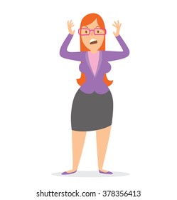 Vector cartoon image of a business woman with long red hair in glasses, in black skirt and purple jacket, is nervous and standing on a white background. Business illustration. Vector illustration.