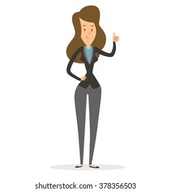 Vector cartoon image of a business woman with long brown hair in gray trousers and a black jacket showing thumb and smiling on a white background. Business illustration. Vector illustration.