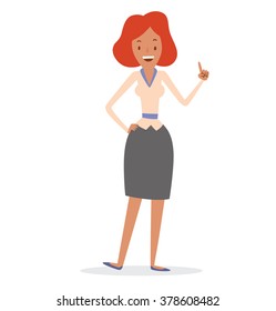 Vector cartoon image of a business woman with ginger hair in a gray skirt and light pink blouse showing the index finger and smiling on a white background. Business illustration. Vector illustration.