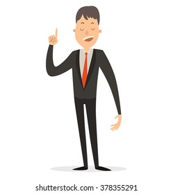 Vector cartoon image of a businessman with black hair in a black suit, white shirt and red tie, smiling and showing the index finger on a white background. Business illustration. Vector illustration.
