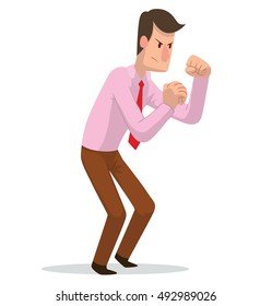 Vector cartoon image of a businessman with black hair in brown trousers, pink shirt and red tie, fighting on a white background. Business fight. Office warrior. Vector illustration.