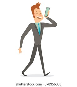Vector cartoon image of a businessman with a bright brown hair in a gray suit, light blue shirt and blue tie, talking on a black smartphone on a white background. Business. Vector illustration.