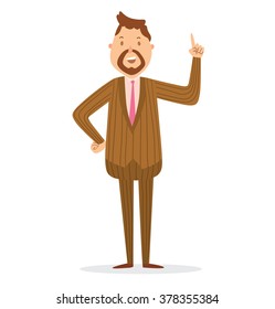 Vector cartoon image of a businessman with brown hair and brown beard in a brown striped suit and pink tie showing the index finger on a white background. Business illustration. Vector illustration.