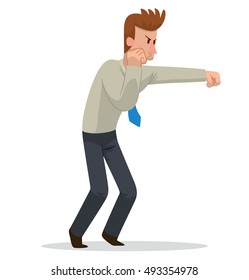 Vector cartoon image of a businessman with curly brown hair, in black trousers, light-colored shirt and blue tie, fighting on a white background. Business fight. Office warrior. Vector illustration.
