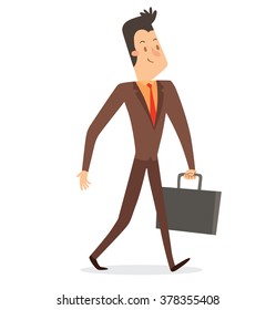 Vector cartoon image of a businessman with a dark hair in a brown suit, orange shirt and red tie, walking with gray briefcase in his hand on a white background. Business. Vector illustration.