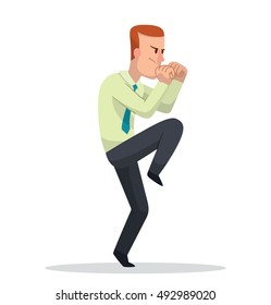Vector cartoon image of a businessman with short brown hair in black trousers, light-colored shirt and blue tie, fighting on a white background. Business fight. Office warrior. Vector illustration.