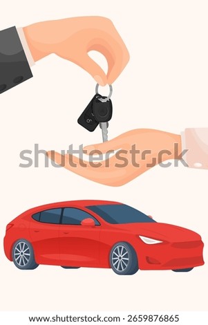 Vector cartoon image of buying and acquiring a car. Concept of transferring transport. Profitable deal. Transferring car keys. Element for your design.