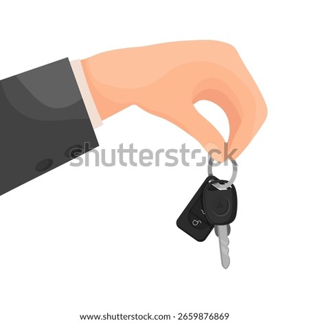 Vector cartoon image of buying and acquiring a car. Concept of transferring transport. Profitable deal. Transferring car keys. Element for your design.