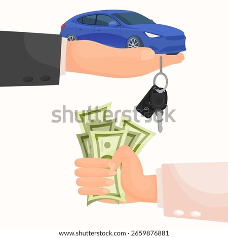 Vector cartoon image of buying and acquiring a car. Concept of transferring transport. Profitable deal. Transferring car keys. Element for your design.