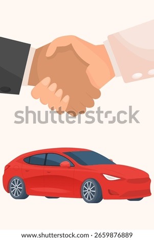Vector cartoon image of buying and acquiring a car. Concept of transferring transport. Profitable deal. Transferring car keys. Element for your design.
