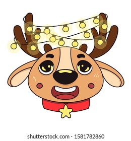 Vector, cartoon image. Character, mascot, deer with a garland on the horns, light bulbs, shine, lights. Congratulation, christmas card or poster. Joyful, surprised emotions.