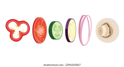 Vector cartoon image of chopped vegetables for skewer. The concept of a barbecue with neighbors or on a hike. Elements for your design.