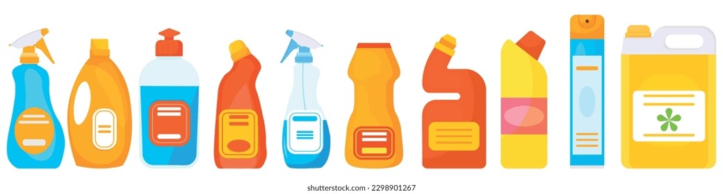 Vector cartoon image of cleaning products. The concept of cleaning, washing, cleanliness and cleaning. Cute elements for your design.