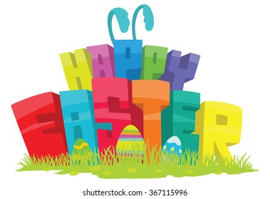 Vector cartoon image of colorful letters "Happy Easter" and Easter eggs and sticking out behind a light blue ears of Easter Bunny on a light background. Easter. Card. Vector illustration.